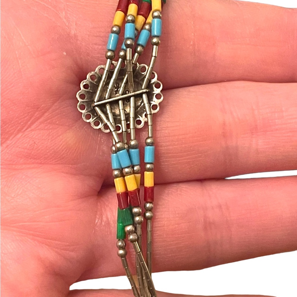 Vintage Native Southwestern ZUNI Seed bead Sterling silver stone Inlay bracelet - Picture 6 of 9